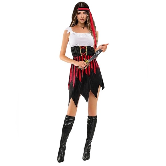SEXY PIRATE COSTUME Halloween Women’s One Size Skirt Top Wig Hat Bandana EUC - Picture 1 of 6